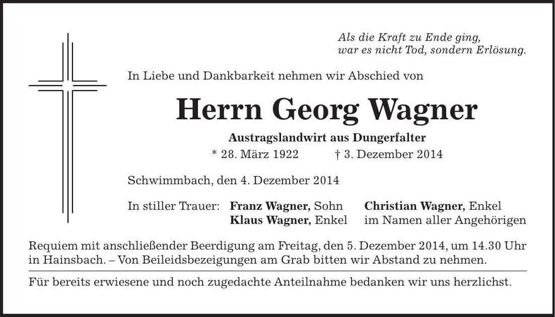 Traueranzeige Georg Wagner