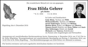 Traueranzeige Hilda Gehrer