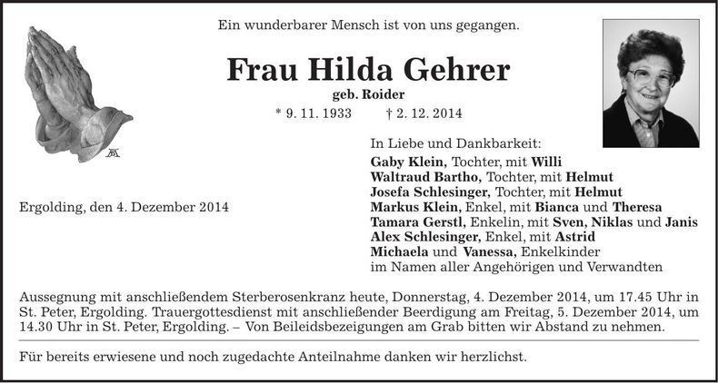 Traueranzeige Hilda Gehrer