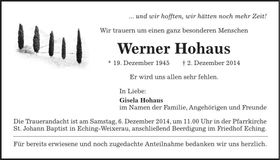 Traueranzeige Werner Hohaus