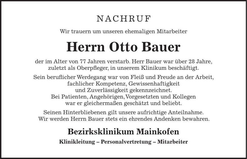 Traueranzeige Otto Bauer