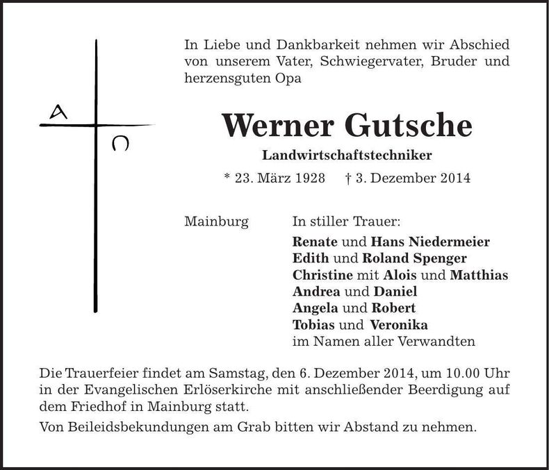 Traueranzeige Werner Gutsche