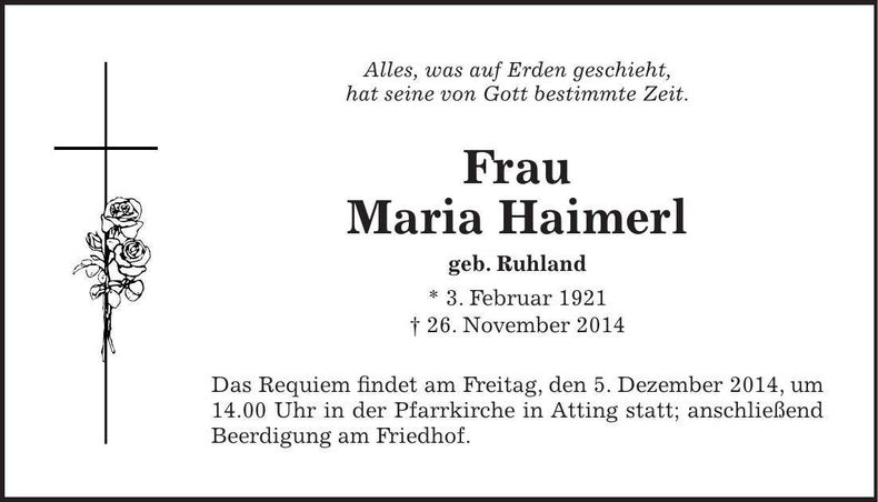 Traueranzeige Maria Haimerl