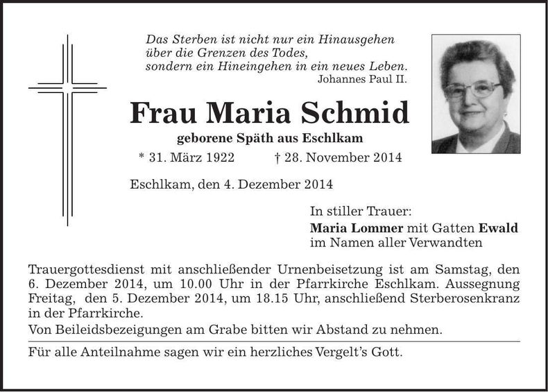 Traueranzeige Maria Schmid