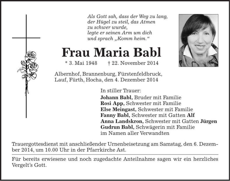 Traueranzeige Maria Babl