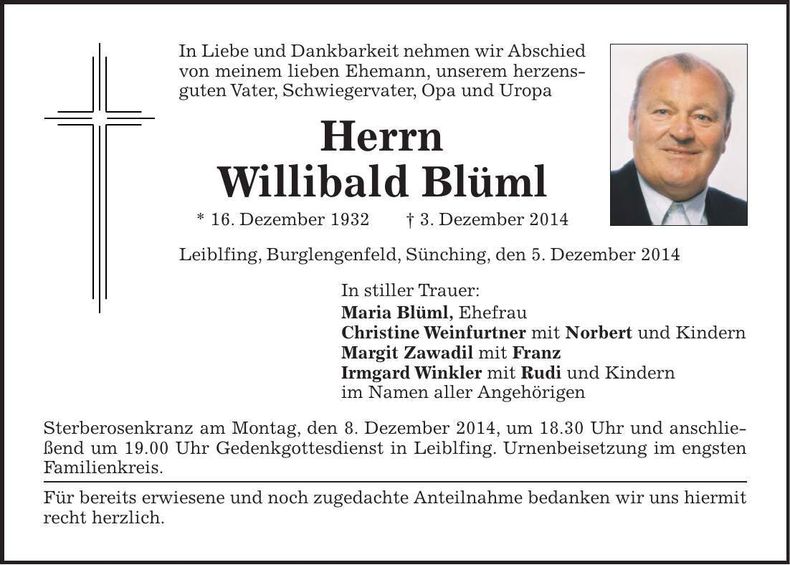 Traueranzeige Willibald Blüml