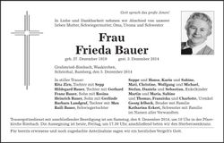 Traueranzeige Frieda Bauer