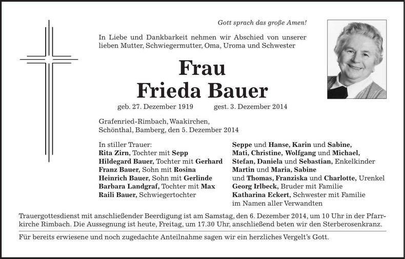Traueranzeige Frieda Bauer