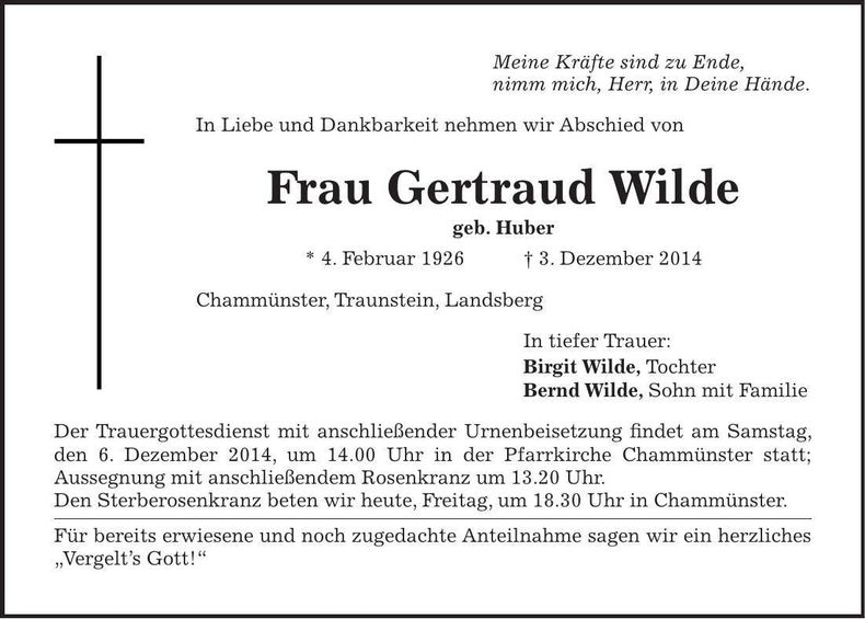 Traueranzeige Gertraud Wilde