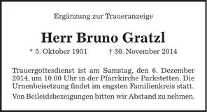 Traueranzeige Bruno Gratzl