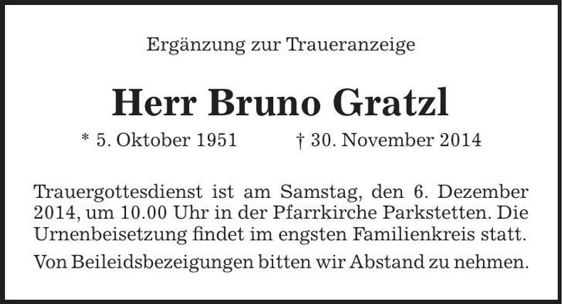 Traueranzeige Bruno Gratzl