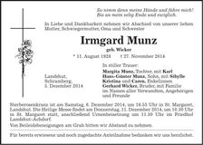 Traueranzeige Irmgard Munz