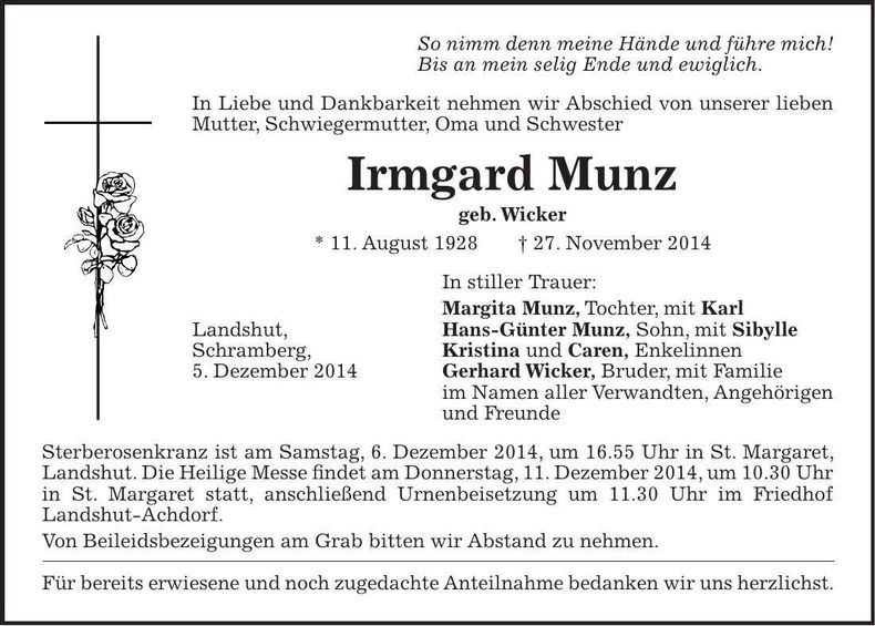 Traueranzeige Irmgard Munz