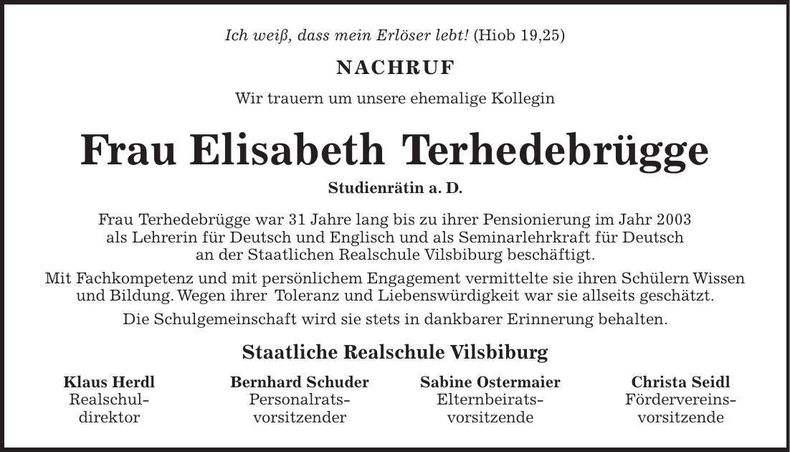 Traueranzeige Elisabeth Terhedebrügge