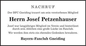 Traueranzeige Josef Petzenhauser