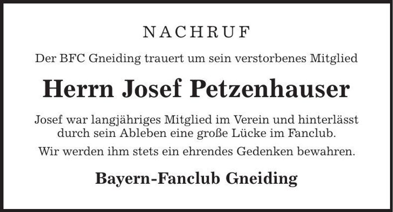 Traueranzeige Josef Petzenhauser