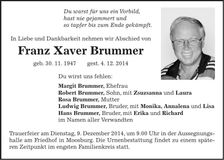 Traueranzeige Franz Xaver Brummer