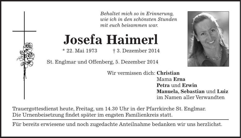 Traueranzeige Haimerl Josefa
