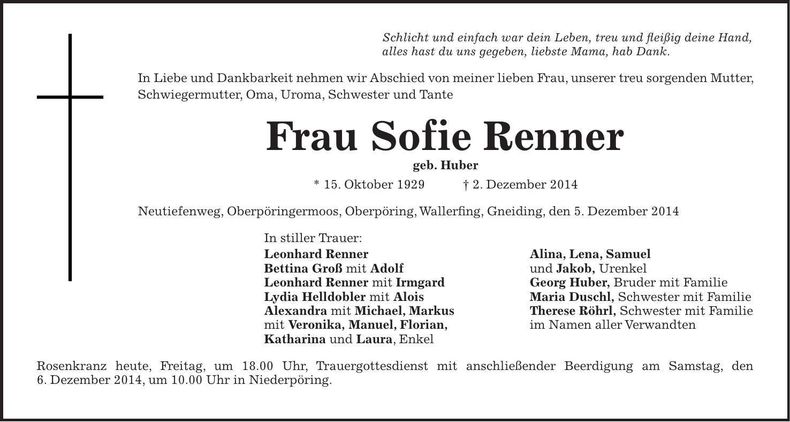 Traueranzeige Sofie Renner