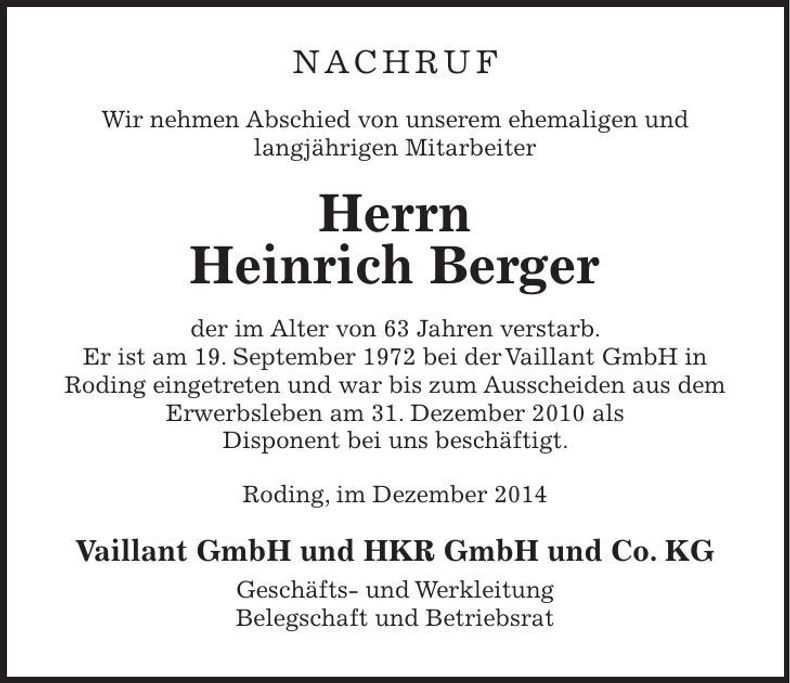 Traueranzeige Heinrich Berger