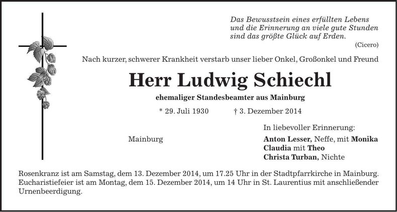 Traueranzeige Ludwig Schiechl