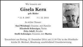 Traueranzeige Gisela Kern