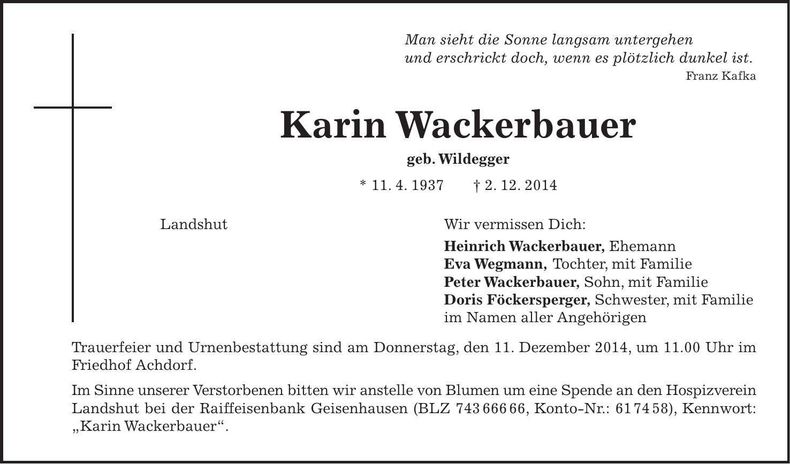 Traueranzeige Karin Wackerbauer