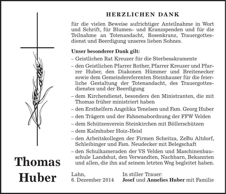 Traueranzeige Thomas Huber