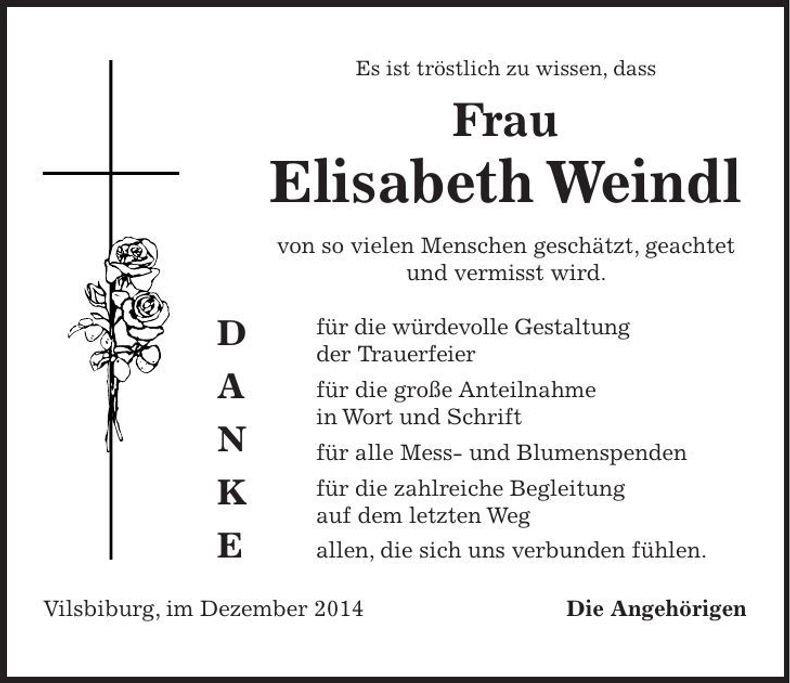 Traueranzeige Elisabeth Weindl