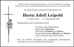 Traueranzeige Adolf Leipold