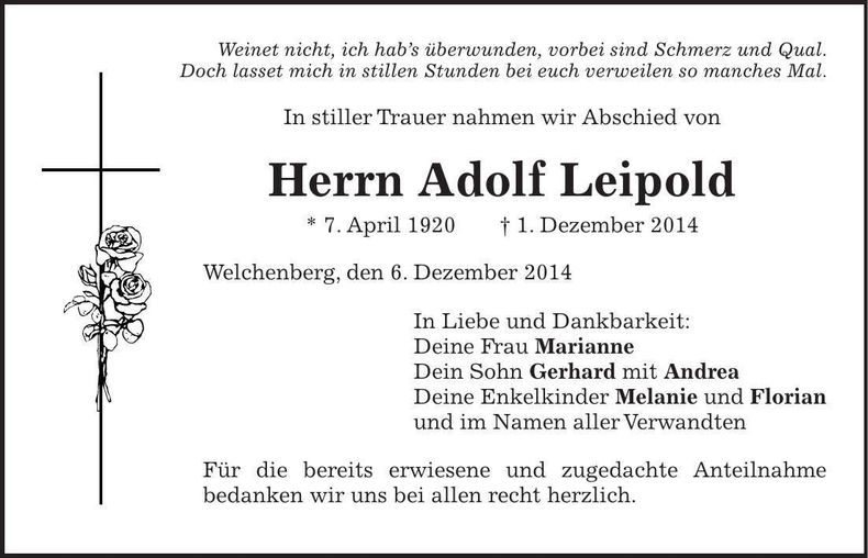 Traueranzeige Adolf Leipold