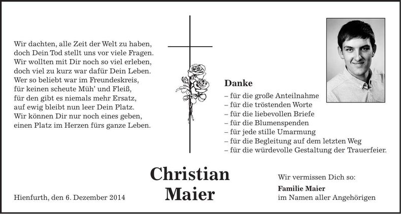 Traueranzeige Christian Maier