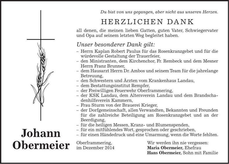 Traueranzeige Johann Obermeier