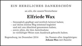 Traueranzeige Elfriede Wax