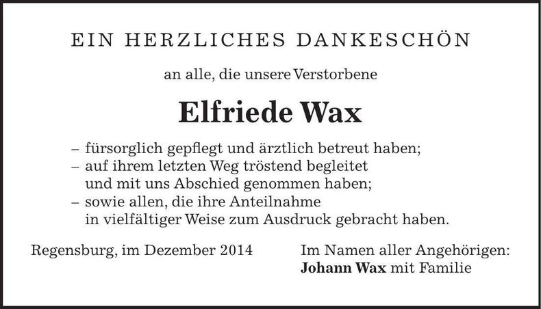 Traueranzeige Elfriede Wax