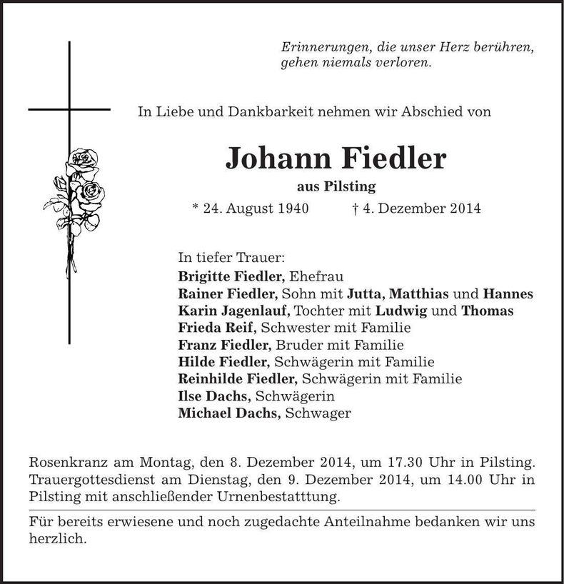 Traueranzeige Johann Fiedler