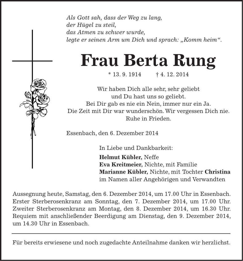 Traueranzeige Berta Rung