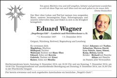 Traueranzeige Eduard Wagner