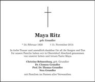 Traueranzeige Maya Ritz