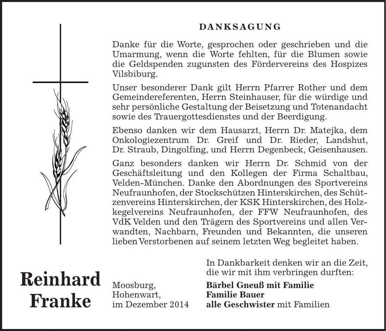 Traueranzeige Reinhard Franke