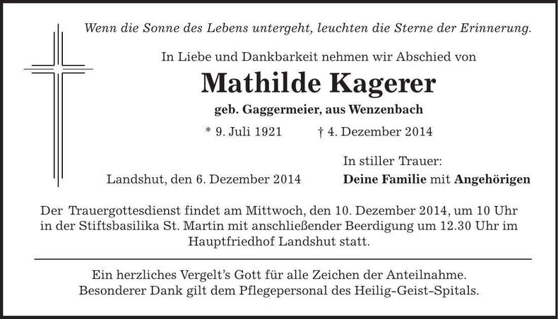 Traueranzeige Mathilde Kagerer