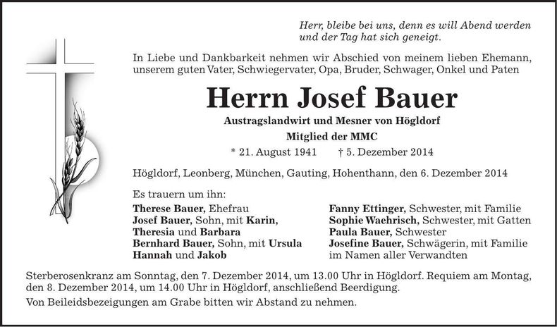 Traueranzeige Josef Bauer