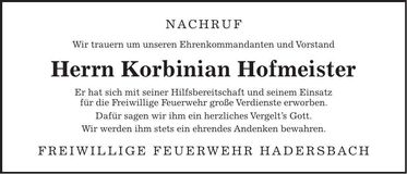 Traueranzeige Korbinian Hofmeister