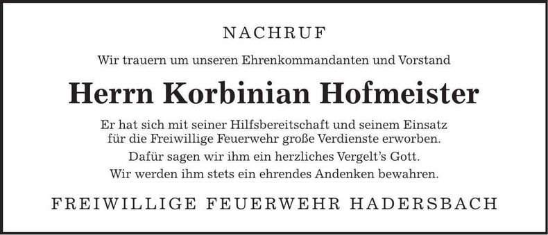 Traueranzeige Korbinian Hofmeister