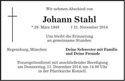 Traueranzeige Johann Stahl