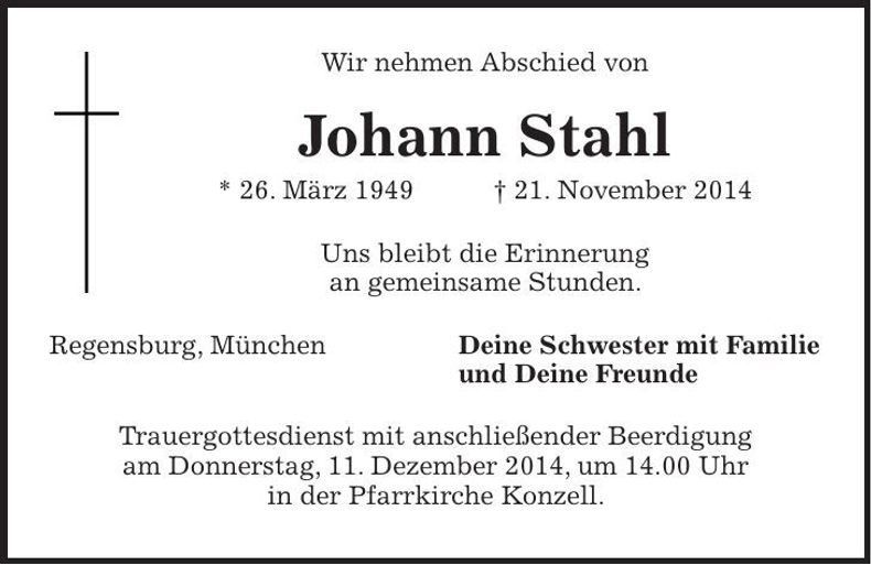 Traueranzeige Johann Stahl