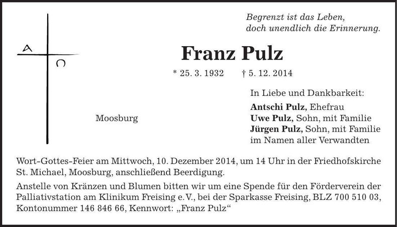 Traueranzeige Franz Pulz