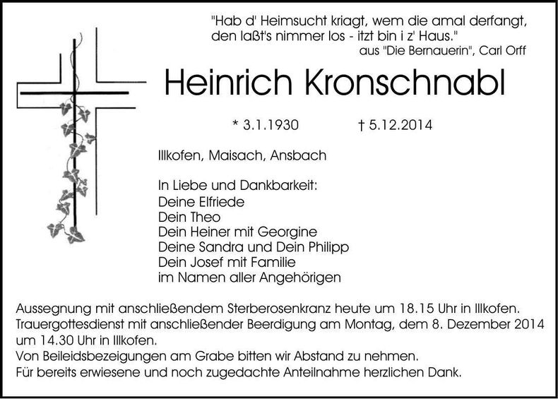 Traueranzeige Heinrich Kronschnabl