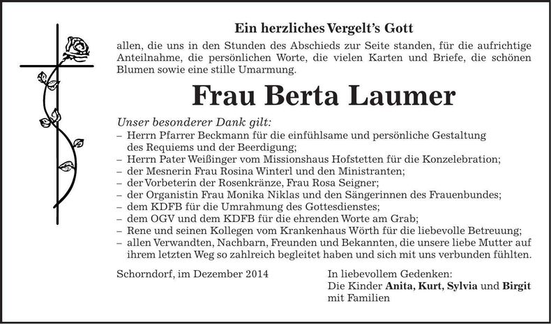 Traueranzeige Berta Laumer