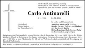 Traueranzeige Carlo Antinarelli